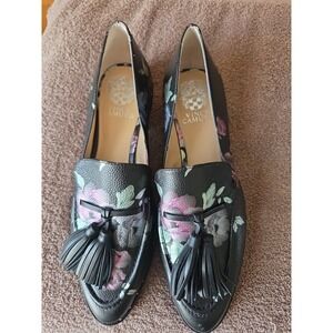 VINCE CAMUTO GERALIN Leather Loafers Black/Floral Size 9M/39 Excellent Condition